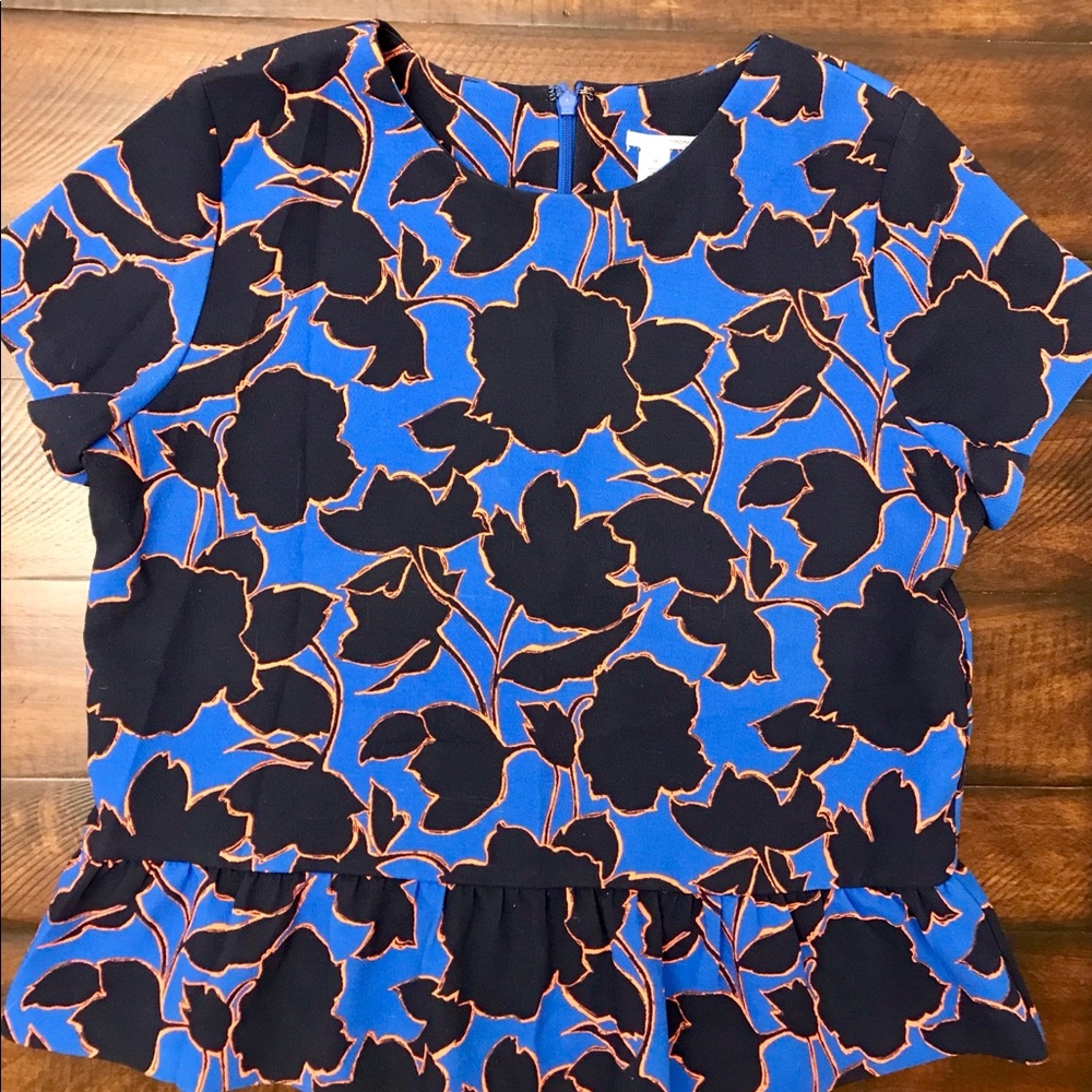 Halogen peplum top contemporary print blue orange